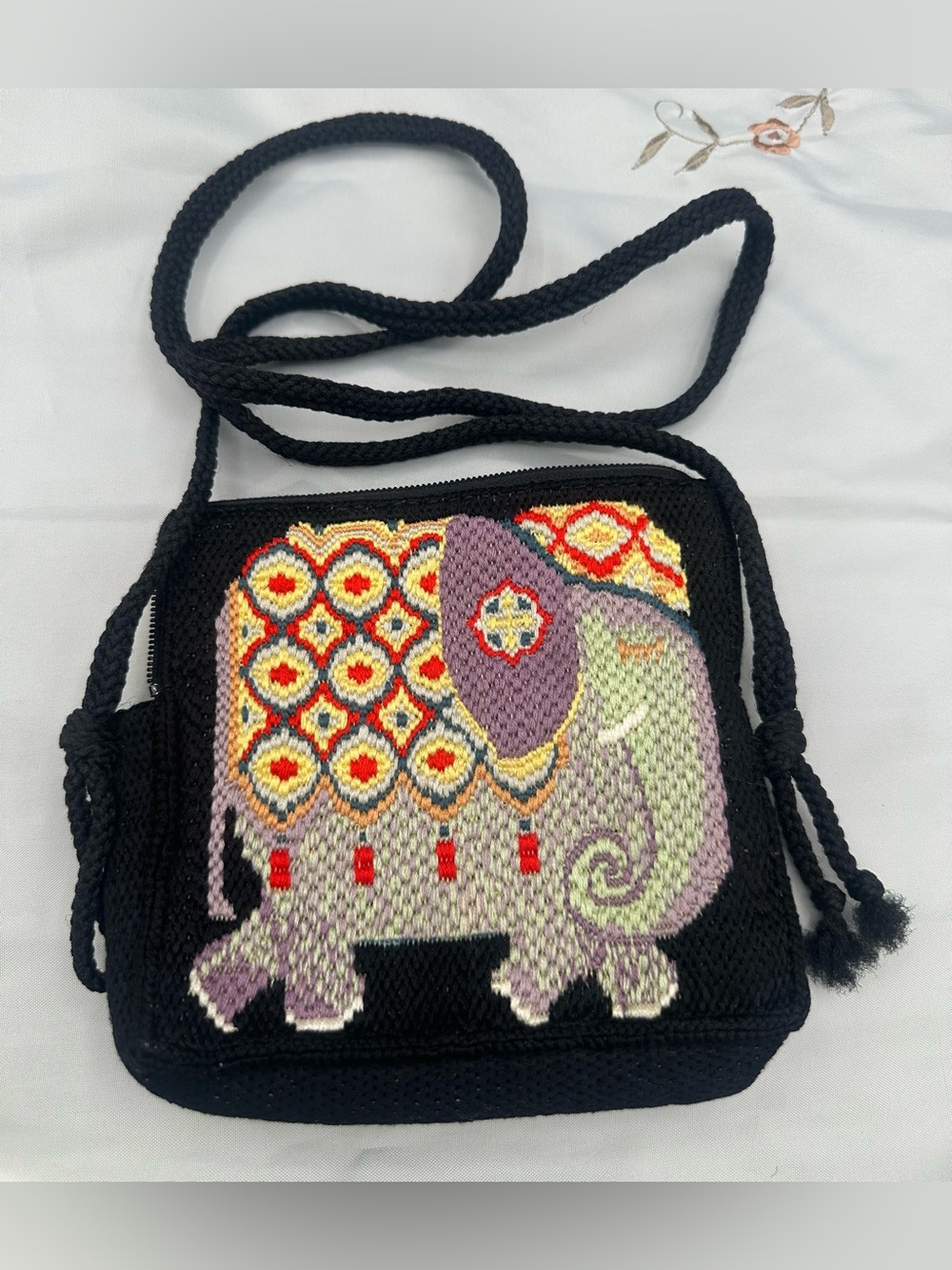 Handcrafted Black Crossbody Bag with Embroidered Elephant